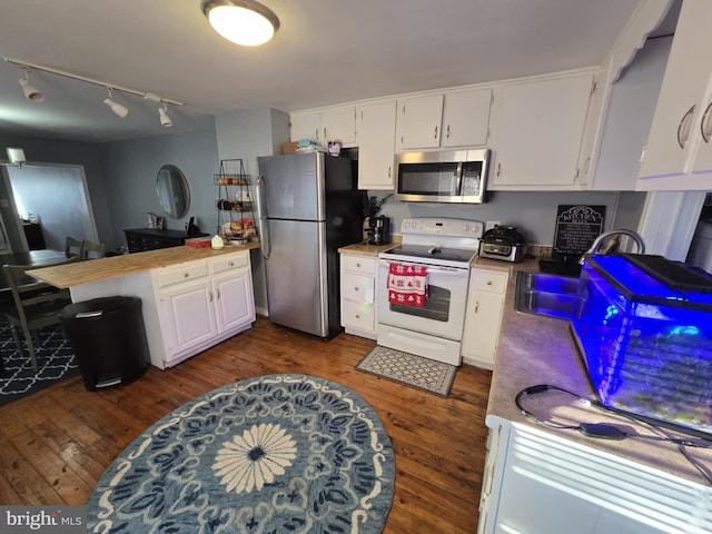 kitchen with white cabinetry, stainless steel appliances, and dark wood-type flooring