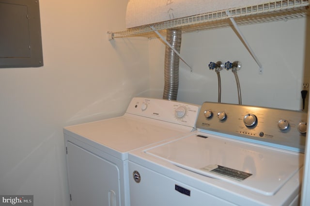 laundry room with electric panel and washing machine and clothes dryer