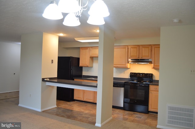 kitchen featuring hanging light fixtures, a chandelier, a textured ceiling, light brown cabinetry, and black appliances