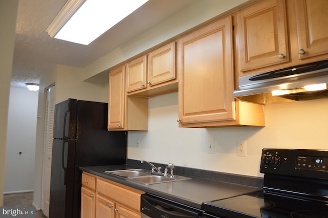 kitchen with dishwashing machine, black electric range oven, sink, and light brown cabinets