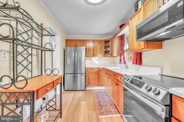 kitchen with ornamental molding, sink, light wood-type flooring, and appliances with stainless steel finishes