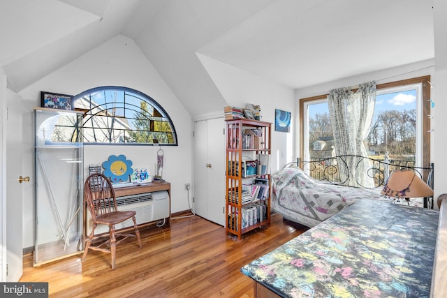 bedroom with lofted ceiling and hardwood / wood-style flooring