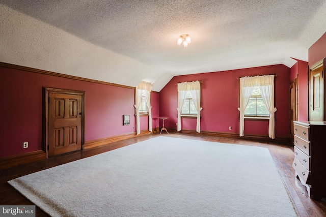 additional living space with dark hardwood / wood-style flooring, a textured ceiling, and vaulted ceiling