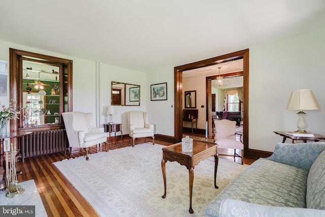 living room with dark hardwood / wood-style flooring and radiator