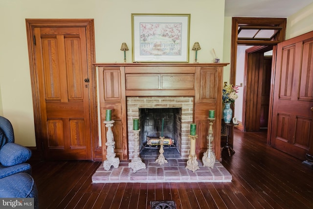 living area with dark hardwood / wood-style flooring and a fireplace