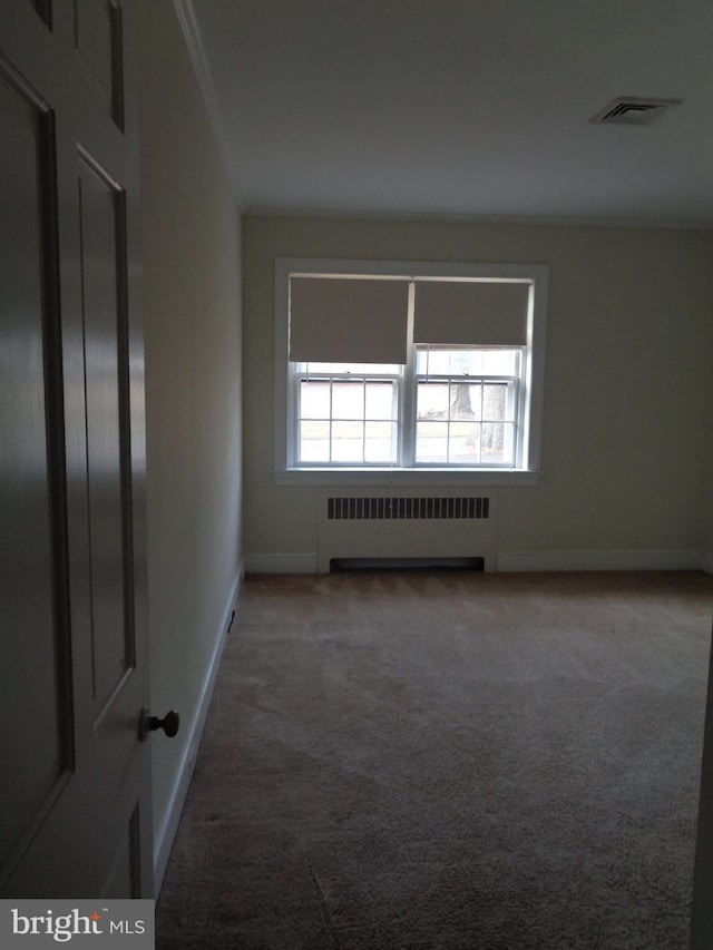 spare room with radiator and carpet floors