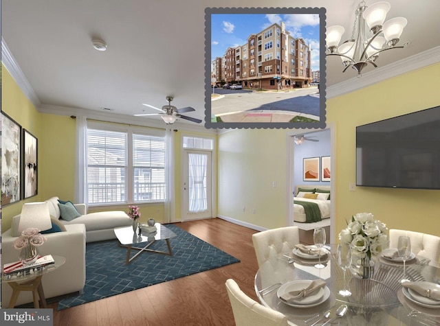 living room with crown molding, ceiling fan with notable chandelier, and hardwood / wood-style flooring