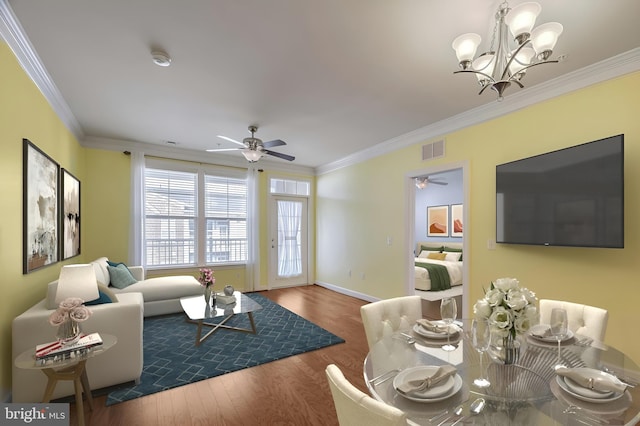 living room featuring ceiling fan with notable chandelier, dark wood-type flooring, and crown molding