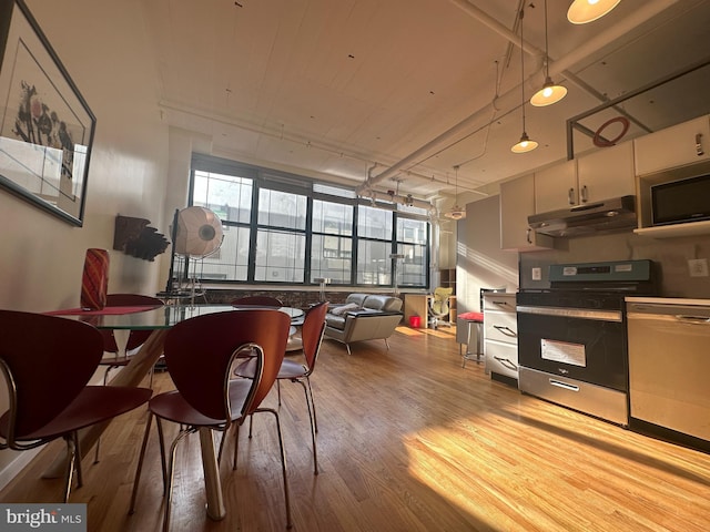 kitchen featuring decorative light fixtures, stainless steel appliances, and light hardwood / wood-style floors