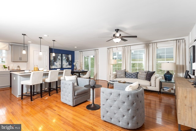 living room with ceiling fan and light hardwood / wood-style flooring