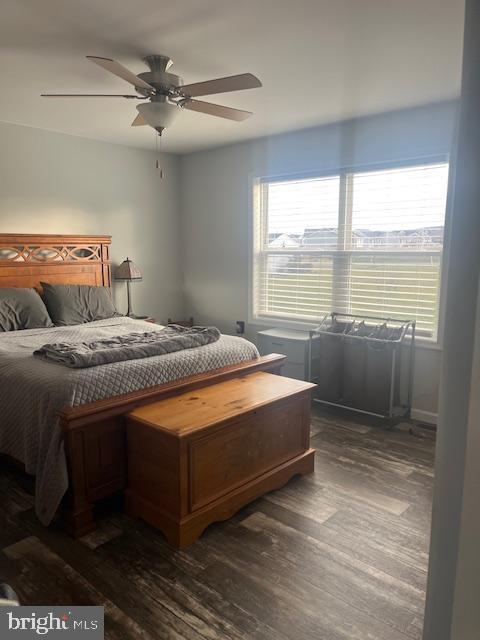 bedroom featuring ceiling fan and dark wood-type flooring