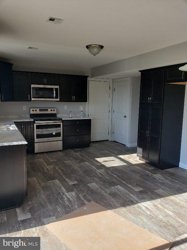 kitchen with dark hardwood / wood-style flooring, stainless steel appliances, and sink