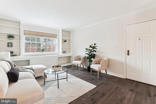 living room featuring crown molding and dark wood-type flooring