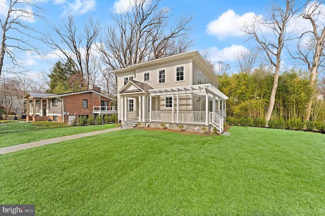 view of front of house with covered porch, board and batten siding, a front lawn, and a pergola