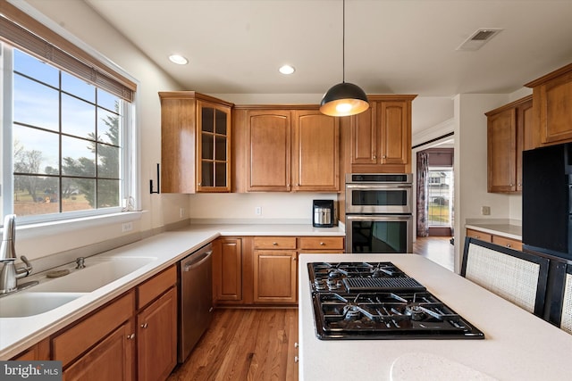 kitchen featuring pendant lighting, a healthy amount of sunlight, sink, and stainless steel appliances