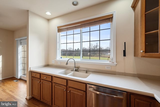 kitchen with dishwasher, light hardwood / wood-style flooring, and sink