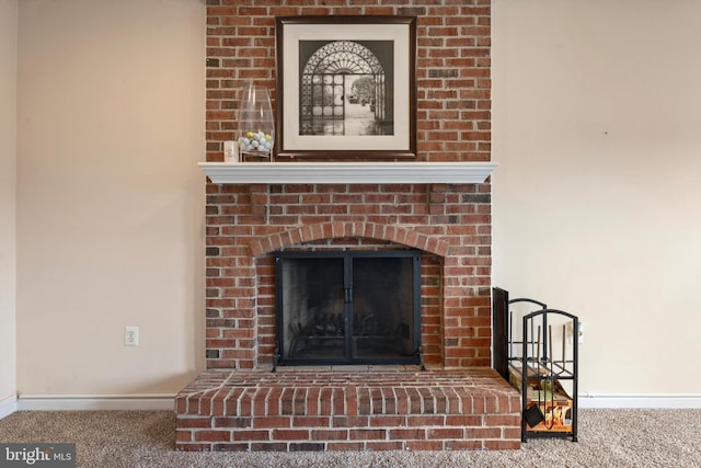 details with carpet flooring and a fireplace