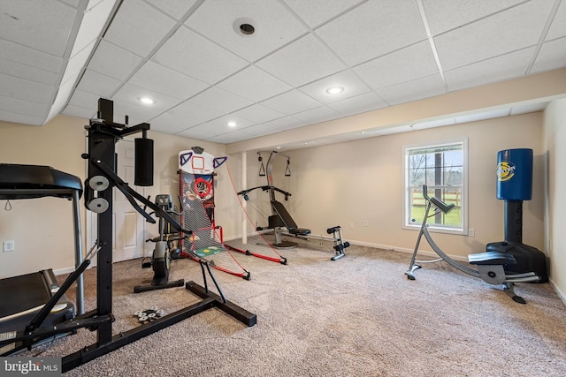 exercise area featuring carpet flooring and a drop ceiling