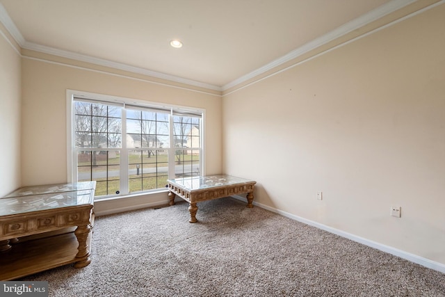 unfurnished room with carpet flooring and ornamental molding