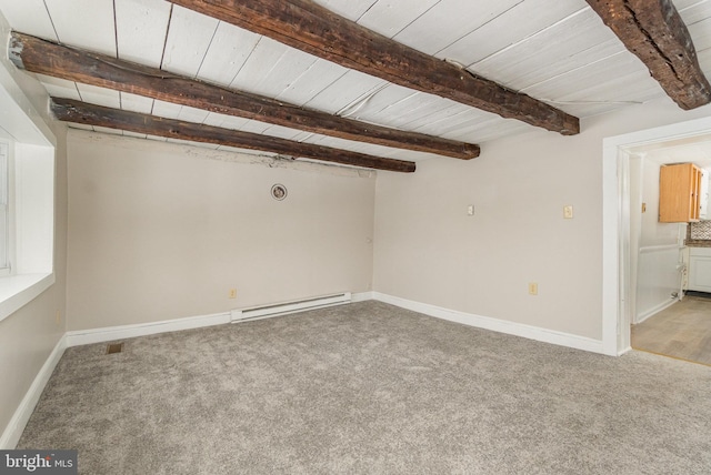 carpeted spare room with beamed ceiling, wood ceiling, baseboards, and baseboard heating