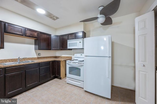 6711 Park Heights Ave Unit 207, Baltimore, MD 21215 - kitchen featuring white appliances, dark brown cabinetry, a ceiling fan, and light tile patterned floors