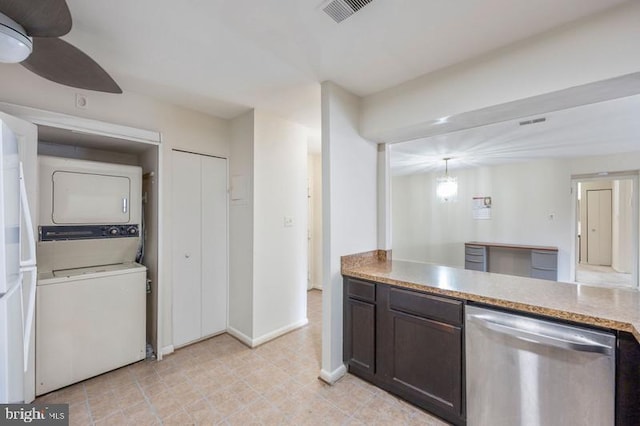 6711 Park Heights Ave Unit 207, Baltimore, MD 21215 - kitchen with stainless steel dishwasher, stacked washer and clothes dryer, ceiling fan, dark brown cabinetry, and light countertops