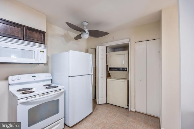 6711 Park Heights Ave Unit 207, Baltimore, MD 21215 - kitchen featuring white appliances, stacked washer / dryer, a ceiling fan, dark brown cabinets, and light tile patterned flooring