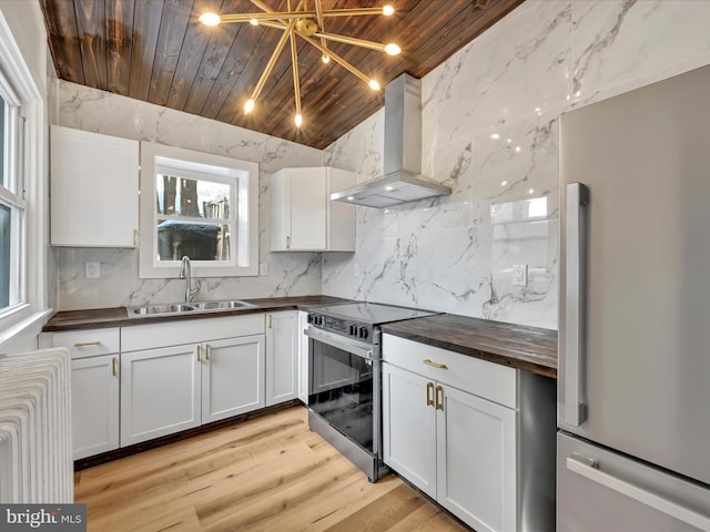 kitchen featuring wood counters, wooden ceiling, wall chimney range hood, sink, and appliances with stainless steel finishes