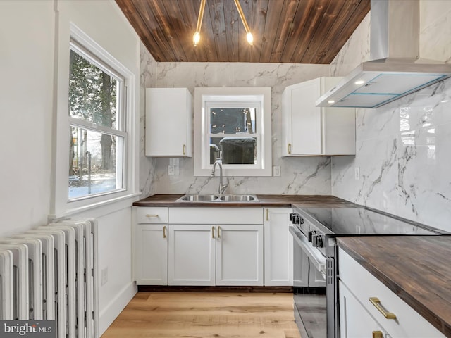 kitchen with extractor fan, electric range, wooden ceiling, radiator heating unit, and butcher block counters