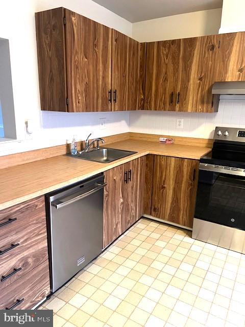 kitchen with ventilation hood, sink, and appliances with stainless steel finishes