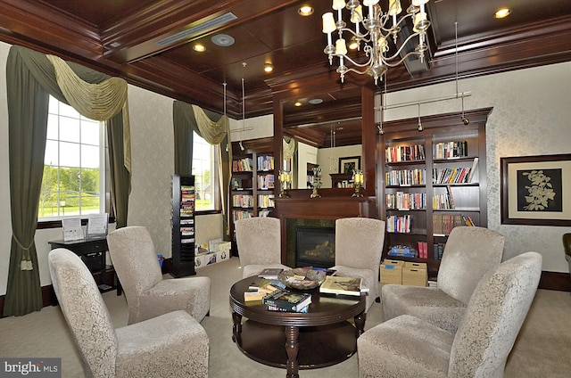 living area featuring coffered ceiling, carpet floors, a chandelier, ornamental molding, and beamed ceiling