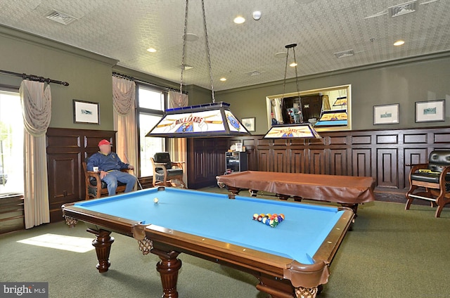 rec room featuring carpet floors, a wealth of natural light, pool table, and crown molding