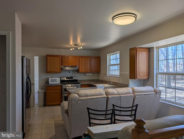 kitchen with light tile patterned floors, under cabinet range hood, a sink, a healthy amount of sunlight, and appliances with stainless steel finishes