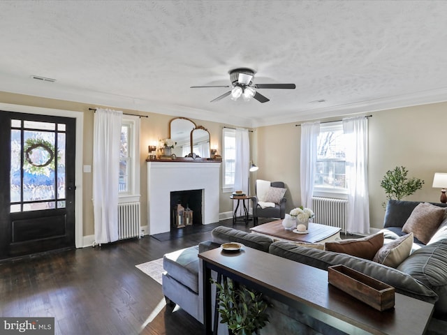 living room with ornamental molding, a healthy amount of sunlight, a textured ceiling, and dark hardwood / wood-style floors