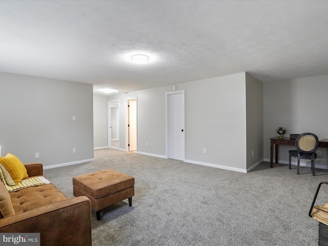 sitting room with carpet and a textured ceiling