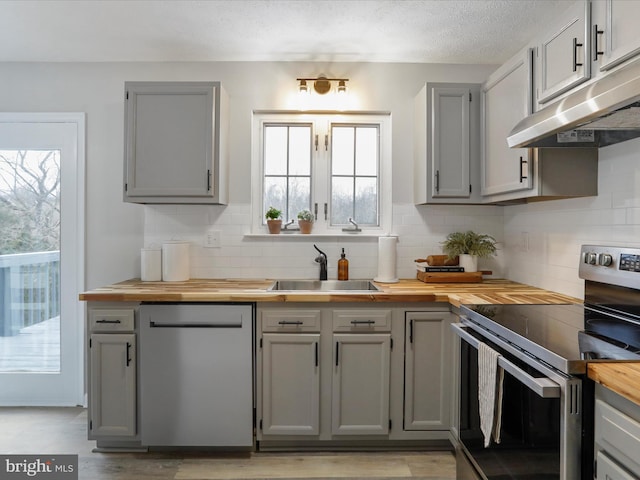 kitchen featuring sink, butcher block countertops, gray cabinetry, appliances with stainless steel finishes, and decorative backsplash