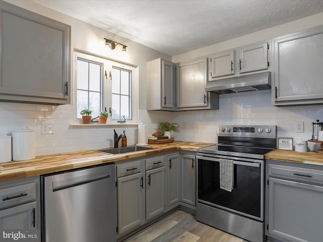 kitchen featuring stainless steel appliances, gray cabinets, butcher block counters, and a textured ceiling