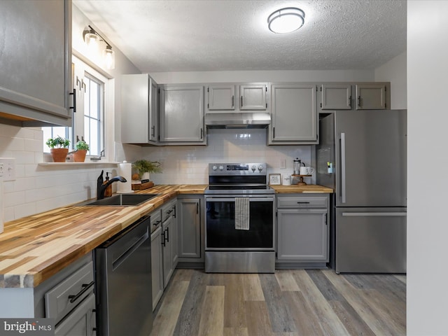 kitchen featuring gray cabinets, appliances with stainless steel finishes, wood counters, sink, and light hardwood / wood-style floors