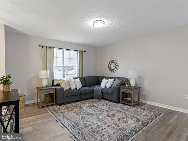 living room with hardwood / wood-style flooring and a textured ceiling