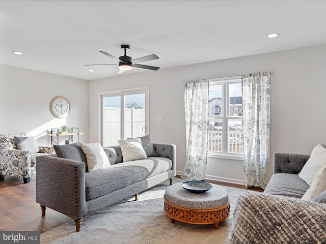 living room with ceiling fan and hardwood / wood-style flooring