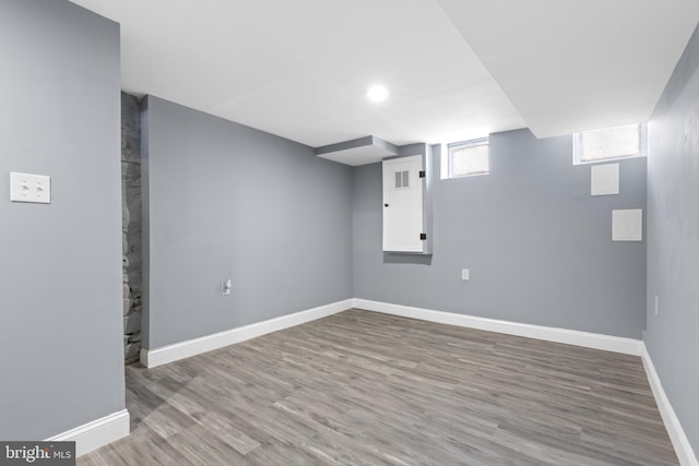 basement with hardwood / wood-style flooring