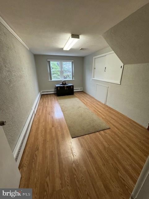 additional living space featuring light hardwood / wood-style floors and a baseboard radiator