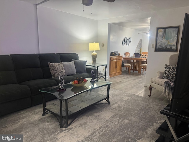 living room with ceiling fan and hardwood / wood-style flooring