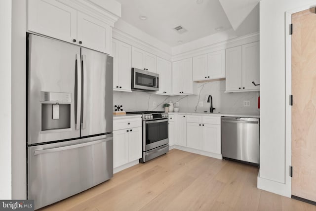 kitchen with backsplash, white cabinetry, stainless steel appliances, and light hardwood / wood-style floors