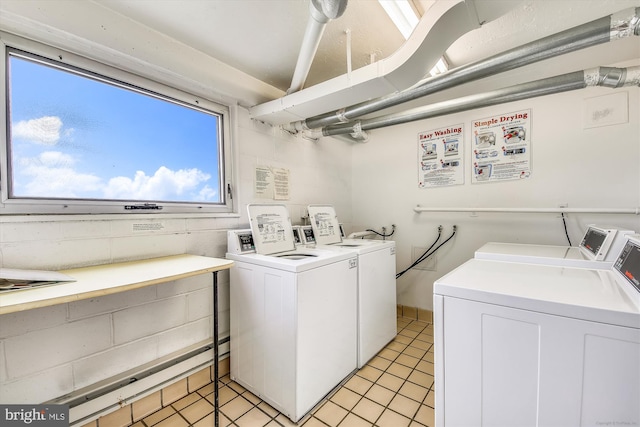 clothes washing area with washer and dryer and baseboard heating