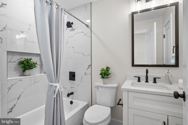 full bathroom with vanity, shower / bath combination with curtain, and toilet