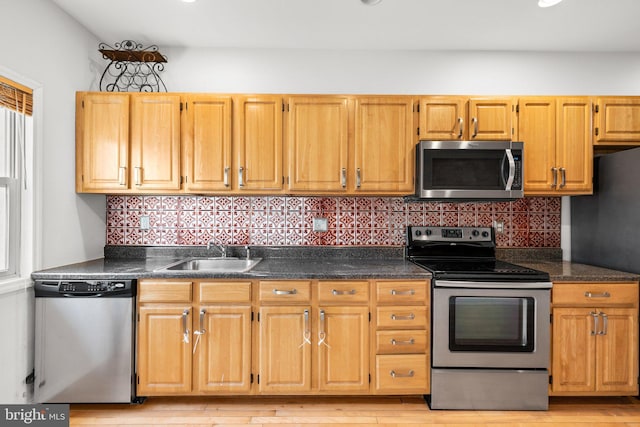 kitchen with backsplash, dark stone countertops, sink, and stainless steel appliances