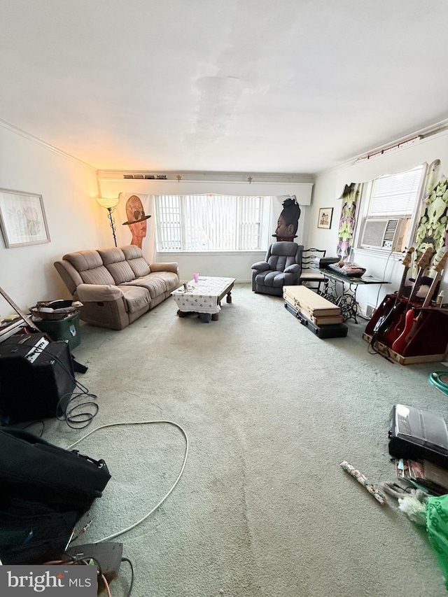 carpeted living room featuring a wealth of natural light and crown molding