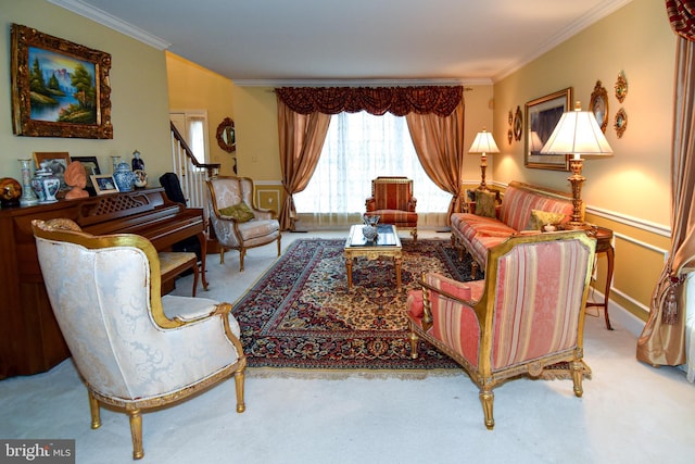 living room featuring light colored carpet and ornamental molding