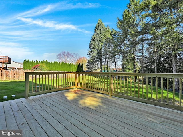 wooden terrace featuring a lawn